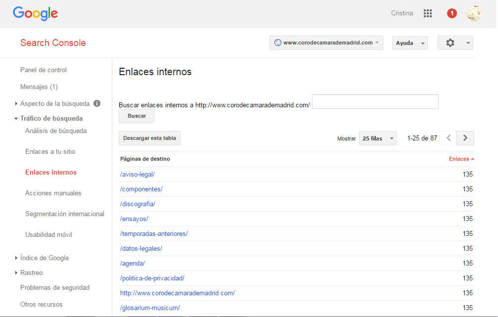 Google Webmaster Tools enlaces internos