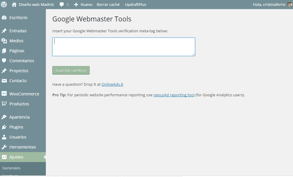 Etiqueta HTML para verificar un sitio web en Google Webmaster Tools